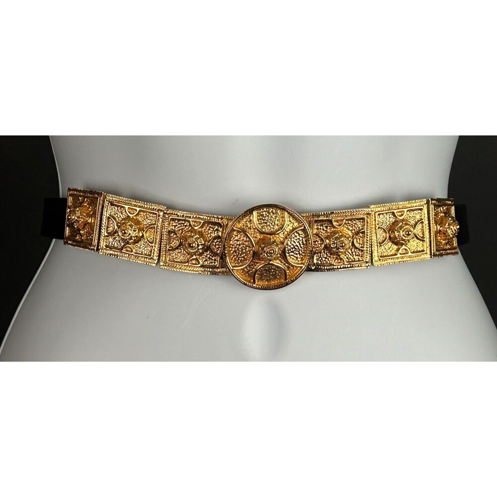 Vintage Signed Alexis Kirk Ornate Goldtone Buckle Brown Reptile Belt Adjustable